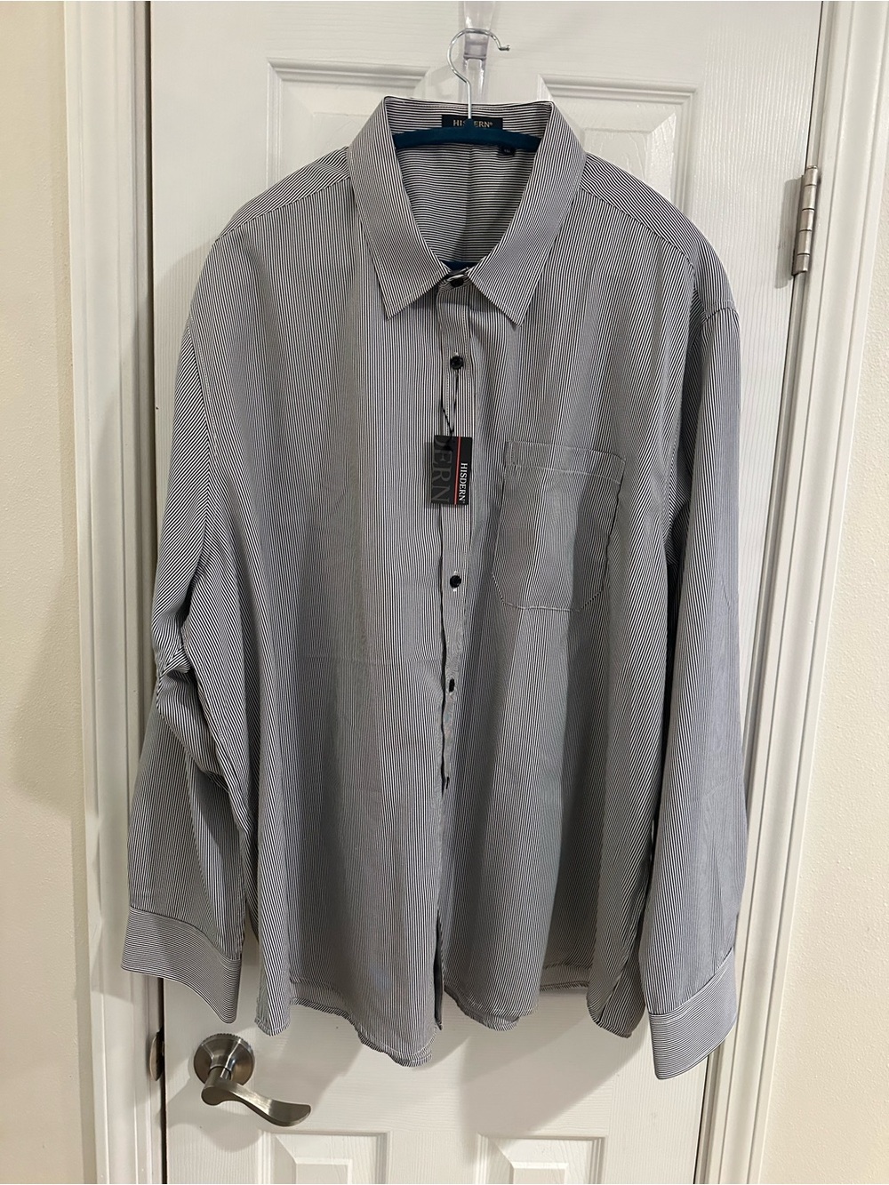 Hisdern Men's Gray-Black Striped Button-Down Casual-Dress Shirt 3XL